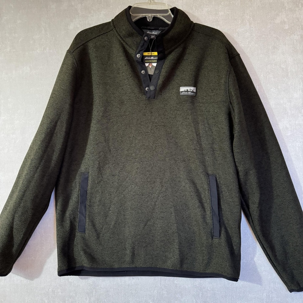 Eddie Bauer Pullover‎ Mens Medium Green Quarter Snap Mock Neck Fleece EB001061